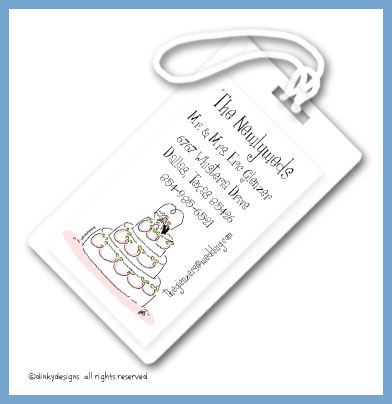 Discounted Dinky Designs Whimsical wedding cake luggage tags, personalized