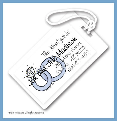 Discounted Dinky Designs Wedding rings luggage tags, personalized