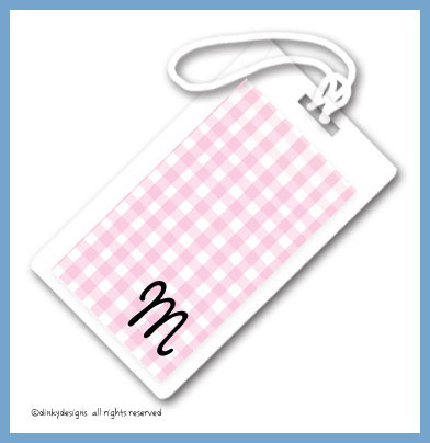 Discounted Dinky Designs Gingham pink luggage tags on pre-printed cardstock, personalized