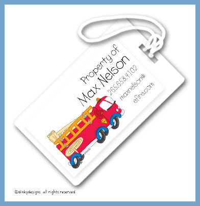 Discounted Dinky Designs Fire truck luggage tags, personalized