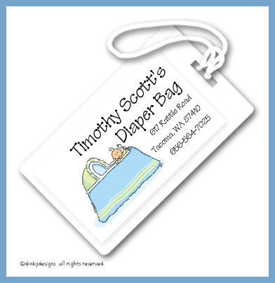 Discounted Dinky Designs Boy in bassinet luggage tags, personalized