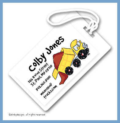 Discounted Dinky Designs Big dump truck luggage tags, personalized