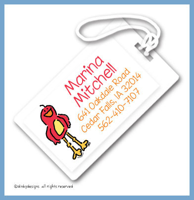 Discounted Dinky Designs Frankie the red bird luggage tags, personalized