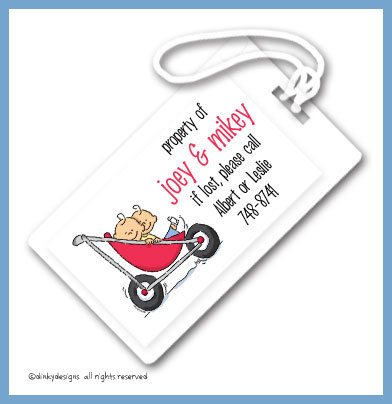 Discounted Dinky Designs Stroller rides - boy/boy luggage tags, personalized