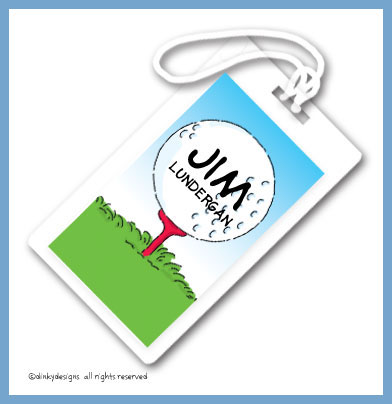 Discounted Dinky Designs Golf ball luggage tags on pre-printed cardstock, personalized