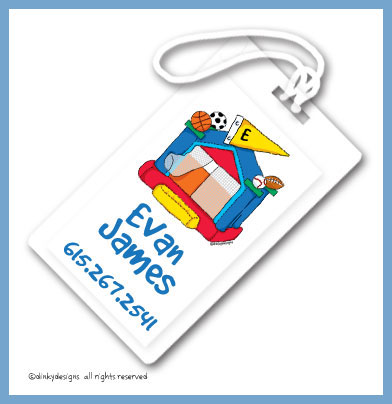 Discounted Dinky Designs Sports fan bouncy house luggage tags, personalized
