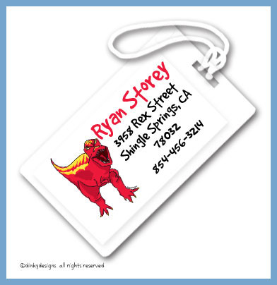 Discounted Dinky Designs Red dinosaur luggage tags, personalized