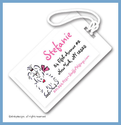 Discounted Dinky Designs Tiffany the Maltese luggage tags, personalized