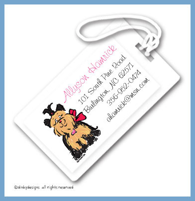 Discounted Dinky Designs Sassy the Yorkie luggage tags, personalized