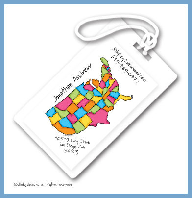 Discounted Dinky Designs USA luggage tags, personalized