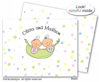 Dinky Designs Stationery Discounted - Peas in a pod twins girl/girl folded note cards, personalized