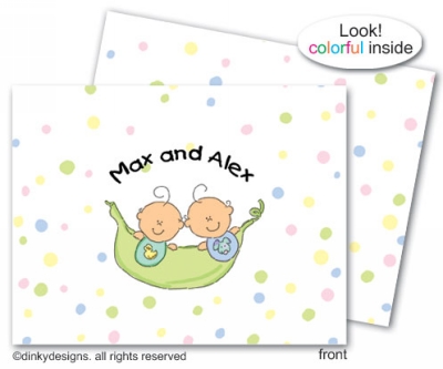 Dinky Designs Stationery Discounted - Peas in a pod twins boy/boy folded note cards, personalized