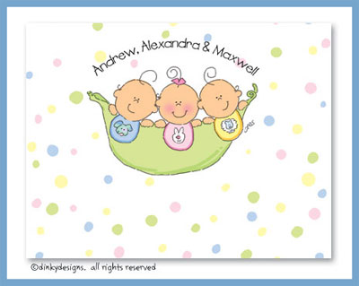 Dinky Designs Stationery Discounted - Peas in a pod triplets 2B/1G folded note cards, personalized