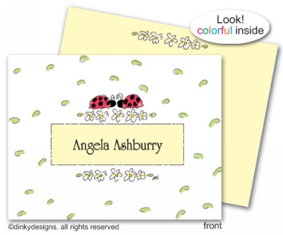 Dinky Designs Stationery Discounted - Ladybug with daisy & border folded note cards, personalized