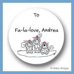Discounted Dinky Designs Three singing mice round stickers 2.5