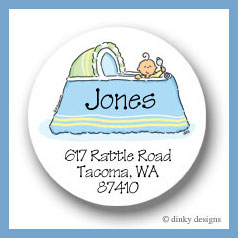 Discounted Dinky Designs Boy in bassinet round stickers 2.5